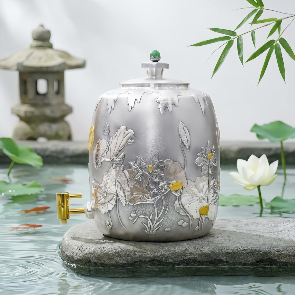 Pure 999 Fine Silver Handcrafted Silver Water Dispenser with Intricate Lotus Engravings and Green Gemstone Finial - Handicraft