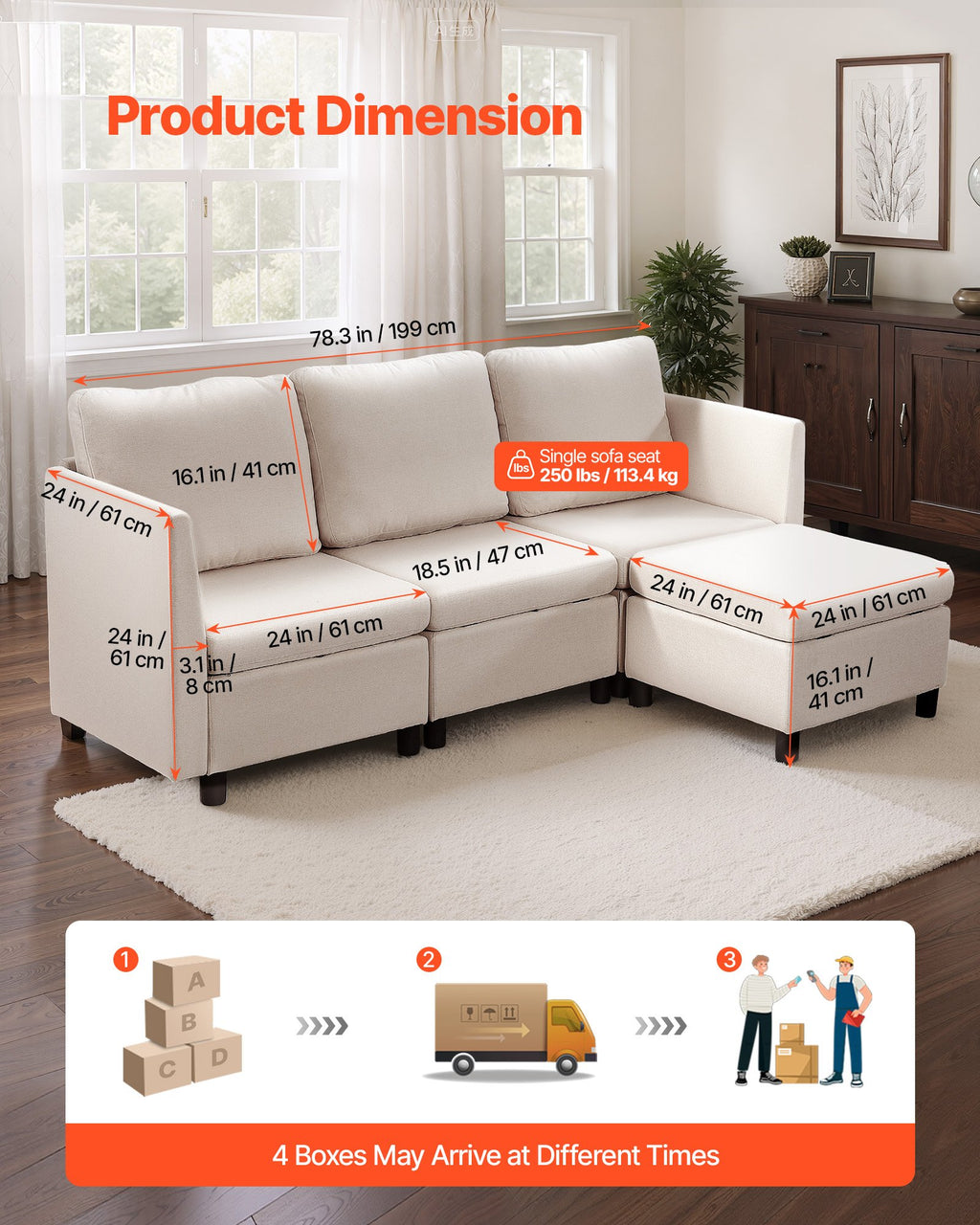 Modular Sectional Sofa, 3-Seater Modular Sofa With Hidden Storage, Cloud Sectional Couch With Ottoman & High Rebound Sponge, Solid Wood Frame Upholstered Couch For Living Room, Bedroom, Beige