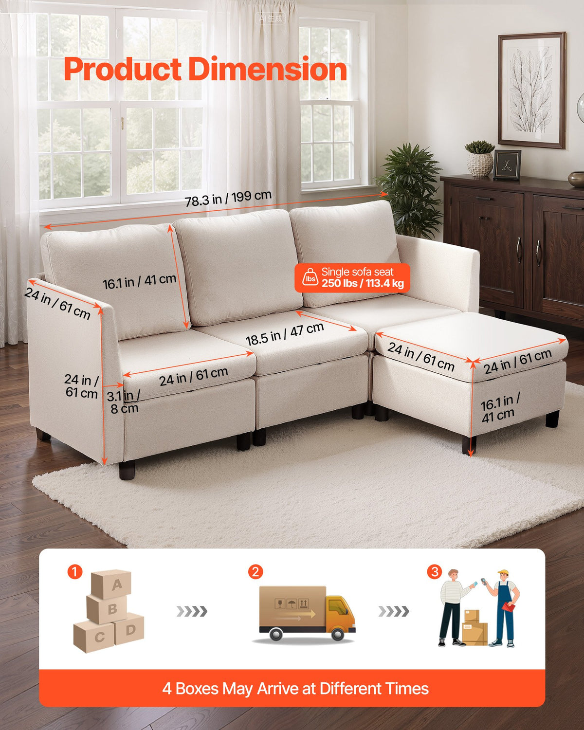 Modular Sectional Sofa, 3-Seater Modular Sofa With Hidden Storage, Cloud Sectional Couch With Ottoman & High Rebound Sponge, Solid Wood Frame Upholstered Couch For Living Room, Bedroom, Beige