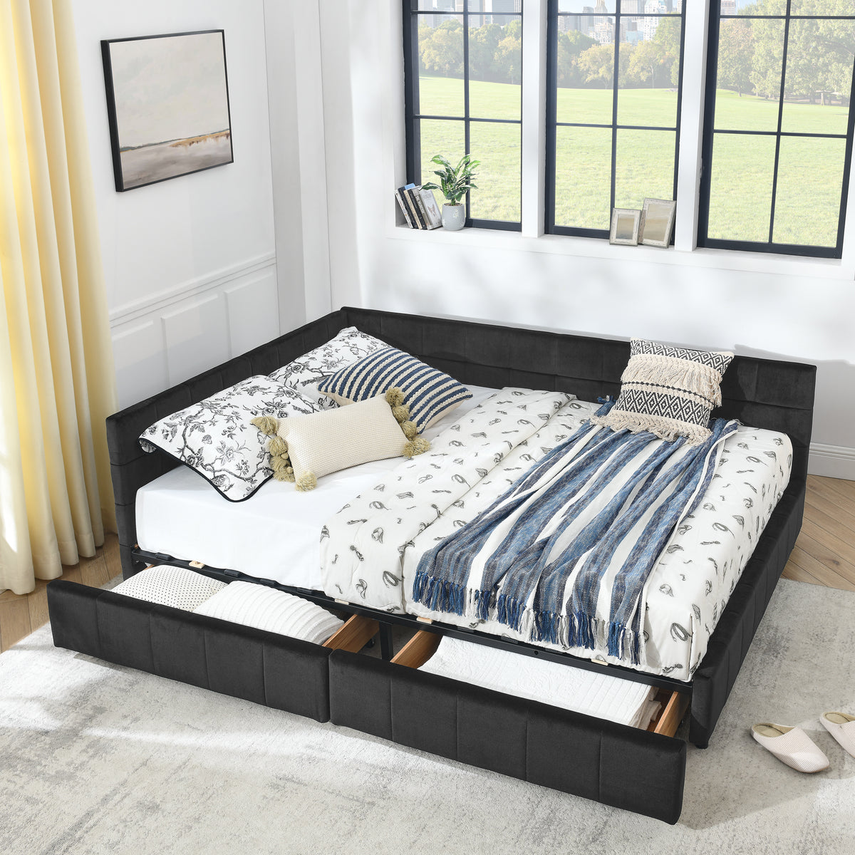 Queen Size Storage Upholstered Tufted Bed Frame, Sofa Bed Frame With Comfortable Backrest And Armrests, Queen Size Bed For Bedroom, Living Room,Velvet, BLACK 85.5x64.5x29.5