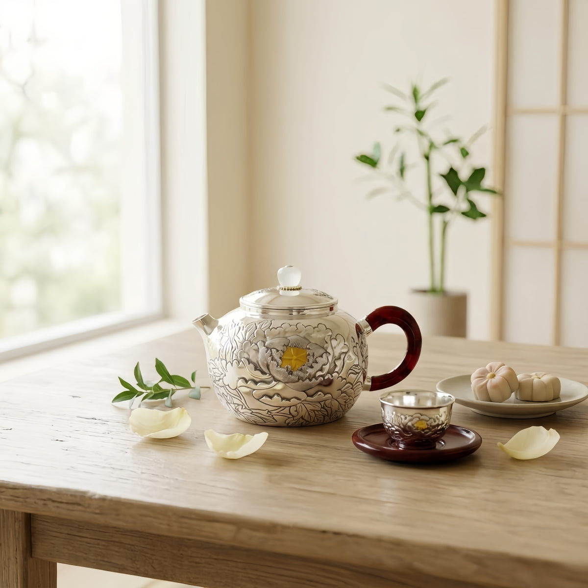 Pure 999 Fine Silver Ornate Hand-Engraved Silver Peony Teapot with Marbled Crimson Handle and White Finial - Handicraft