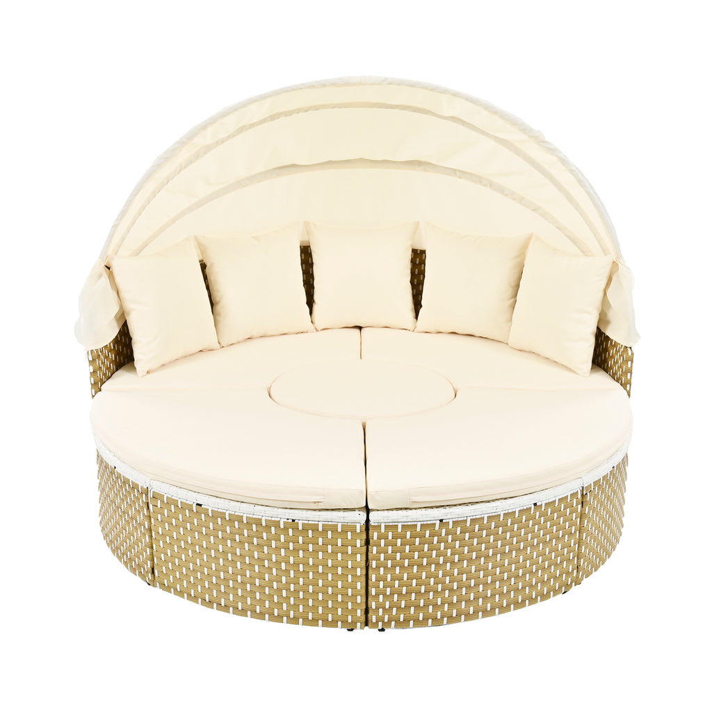 TOPMAX Patio Furniture Round Outdoor Sectional Sofa Set Rattan Daybed Two-Tone Weave Sunbed With Retractable Canopy, Separate Seating And Removable Cushion, Beige