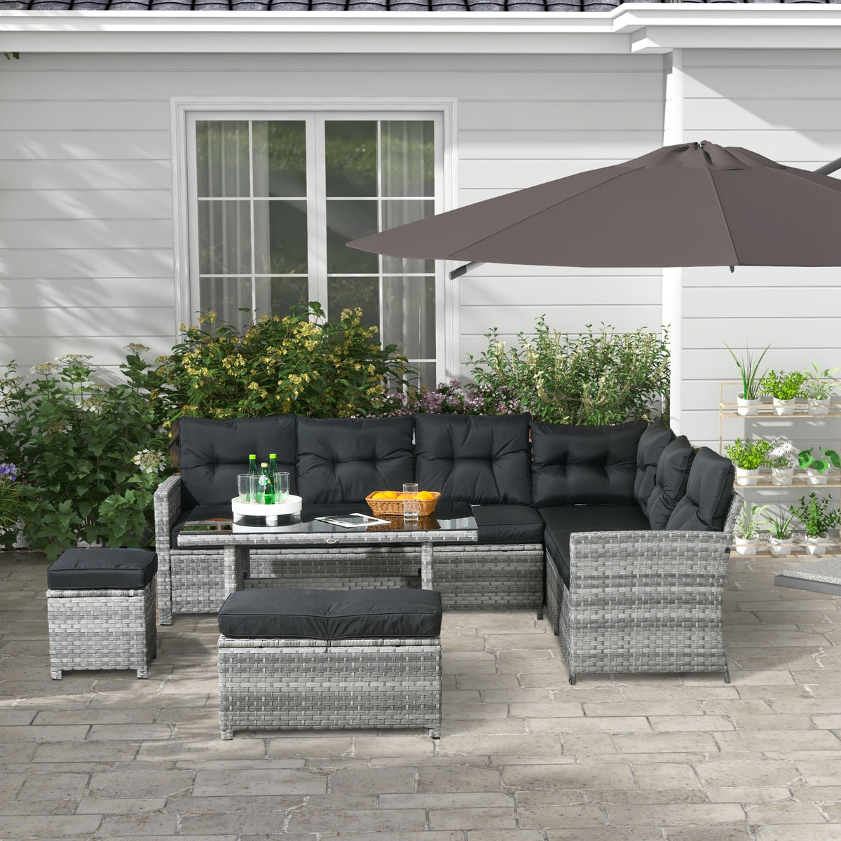 5-Piece Rattan Patio Furniture Set With Corner Sofa, Footstools, Glass Coffee Table, Cushions, Mixed Grey