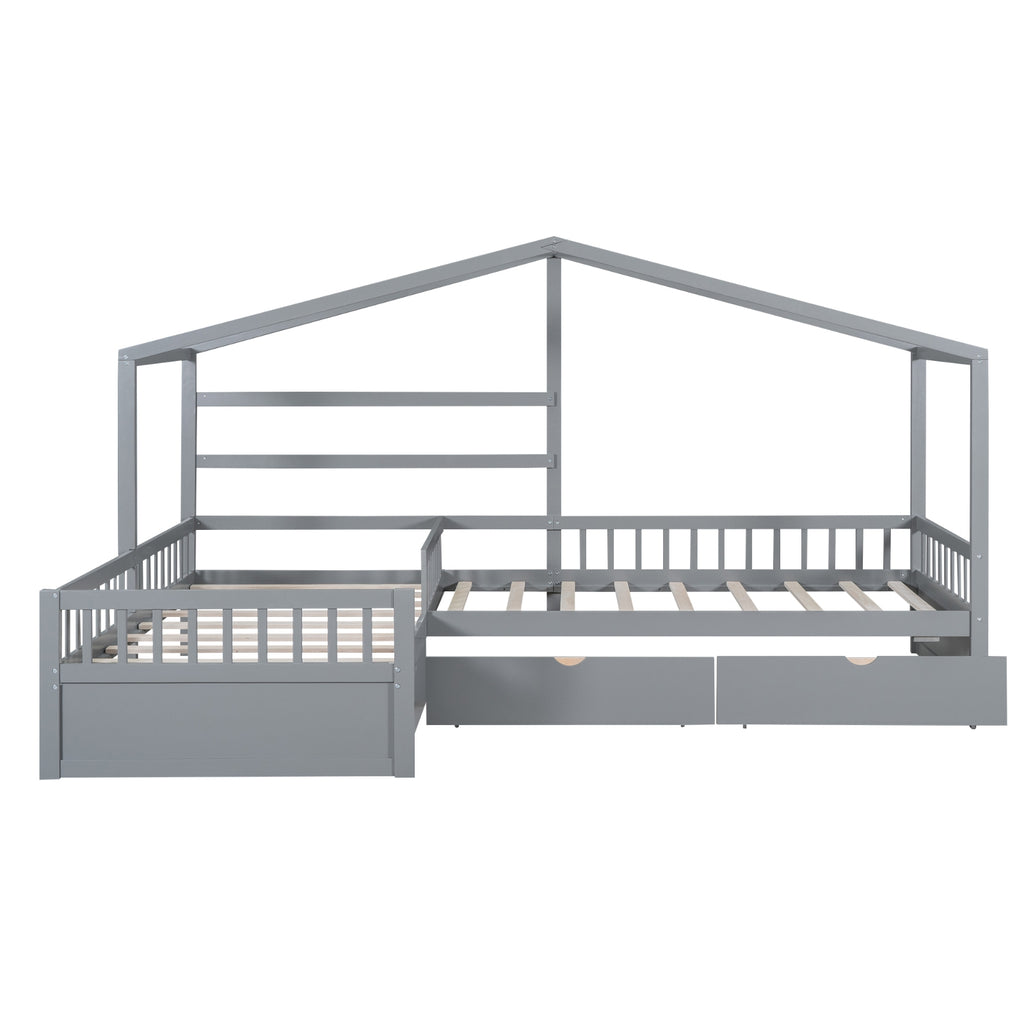 Twin Size House Platform Bed With Three Storage Drawers,Gray
