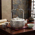 Pure 999 Fine Silver Exquisite Silver Teapot Featuring Intricate Dragon and Cloud Repoussé with Jade Ring Accent - Handicraft