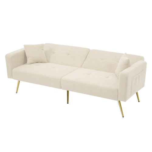 The Sofa Bed Has A Bed Function, Three Adjustable Backrest Angles, Gold Legs, Cushions And Side Storage Pockets.