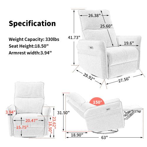 270 Power Swivel Rocker Recliner Chair, PU Leather Electric Glider Reclining Sofa With USB Ports, Power Swivel Glider, Rocking Chair,Nursery Recliners For Living Room Bedroom  Light Gray  270Swivel