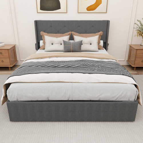 Queen Size Bed Frame With Storage - Lift Up Storage Bed With Modern Wingback Headboard, USB Ports