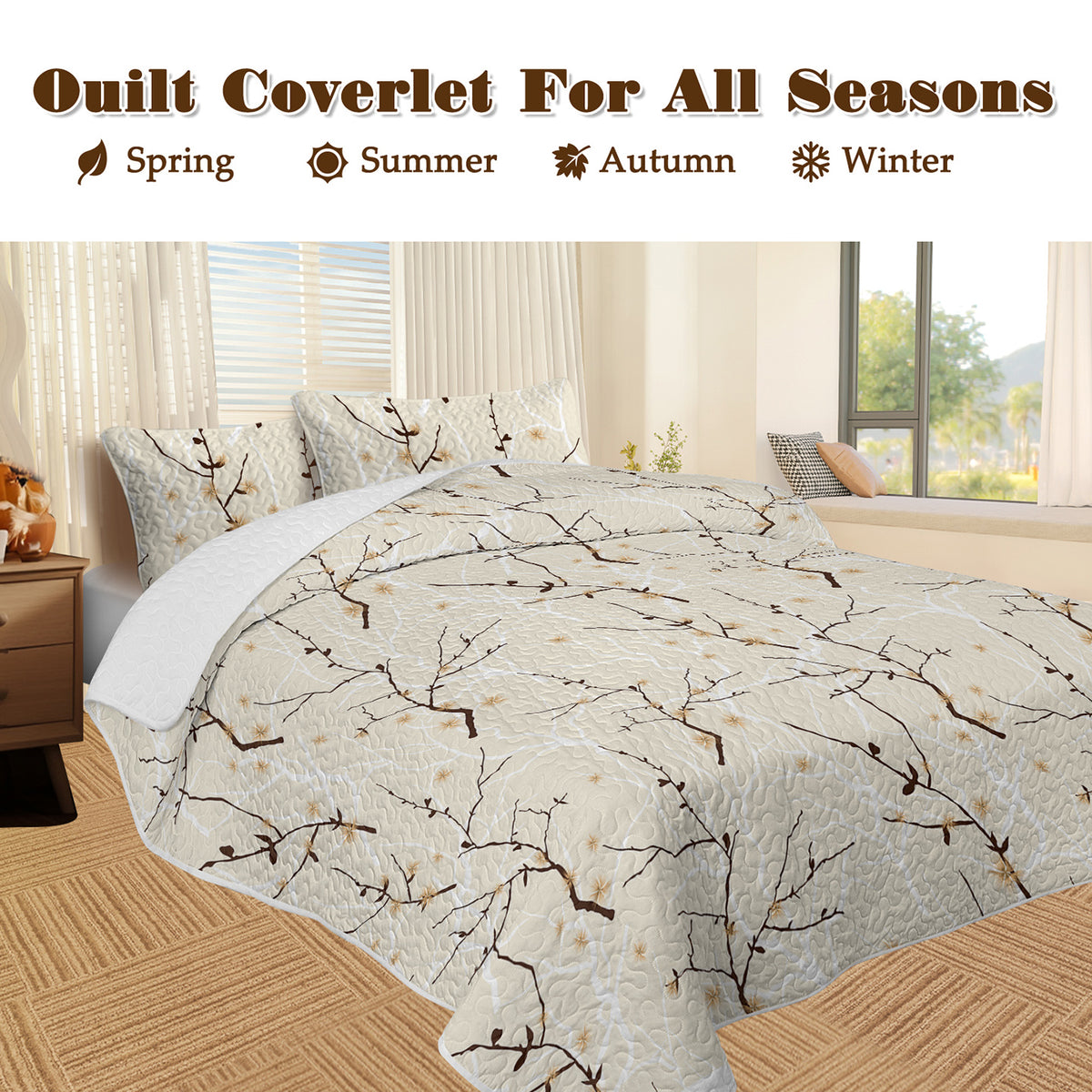 3pcs Minimalist Tree Branch Patterned Blankets Suitable For All Seasons, Including Flower And Autumn Leaf Bedding Sets With 2 Pillowcases, Suitable For Children And Adults