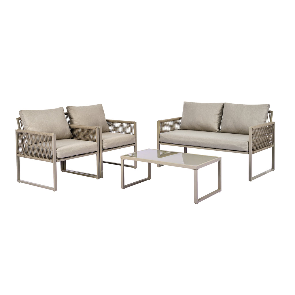 Outdoor Patio&Backyard Furniture Garden Lounge Set For 4 People, Thick Quality Space Saving Sofa With Glass Coffee Table, Khaki