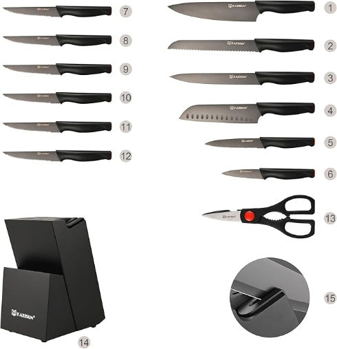 15-Piece Knife Set, High Carbon Stainless Steel Imported From Germany, Beveled Mercerized Blade, Black Titanium Stainless Steel Knives Block Set With Built-in Sharpener, Non-Slip Handles
