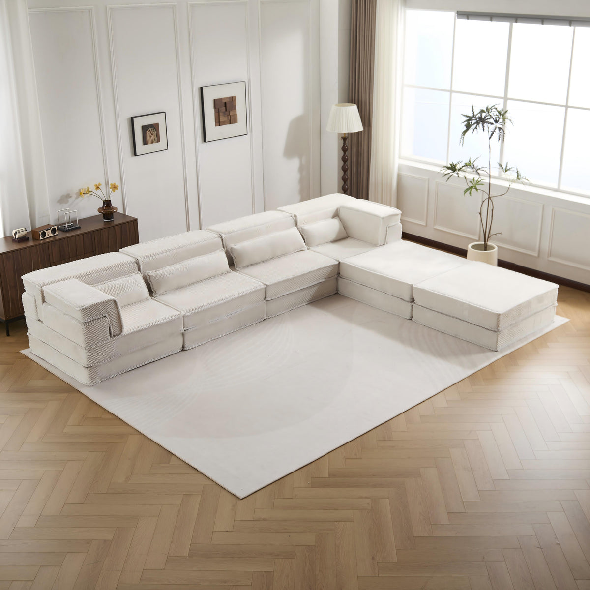 Compression Mahjong Sofa,Convertible Floor Sofa Bed,DIY Boneless Modular Sectional Sofa,No Assembly Required,Circle Fleece Fabric,Oversized 4 Seater With 2 Ottoman,White