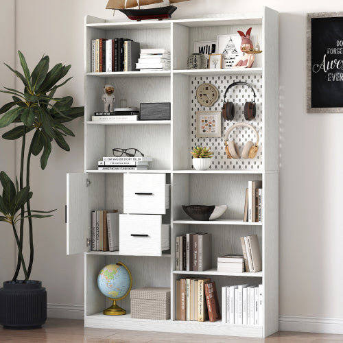 Bookshelf And Bookcase With Pegboard And Drawer, 9 Cubby Display Book Shelves, Modern Wide Wood Shelving Unit For Living Room, White