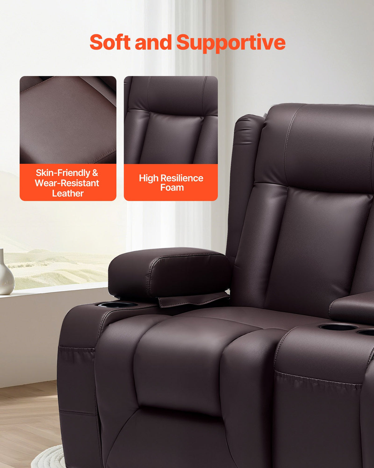 Loveseat Recliner Sofa, Manual Reclining Couch With Center Console, PU Faux Leather Recliner Sofa With USB Ports, Cup Holders And Storage Bags, Dual Loveseat Chair For Living Room/RV, Brown