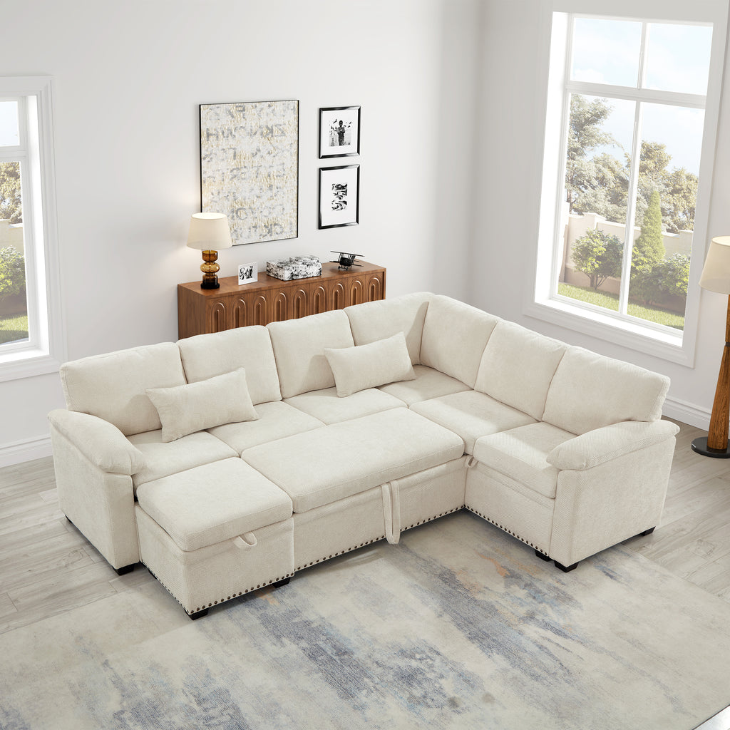 97 Inch L-Shaped Corner Sectional Sofa Couch With Seat And Storage Ottoman,Chenille Fabric Corner Couch With 7 Seats & 2 Pillows For Living Room, Beige