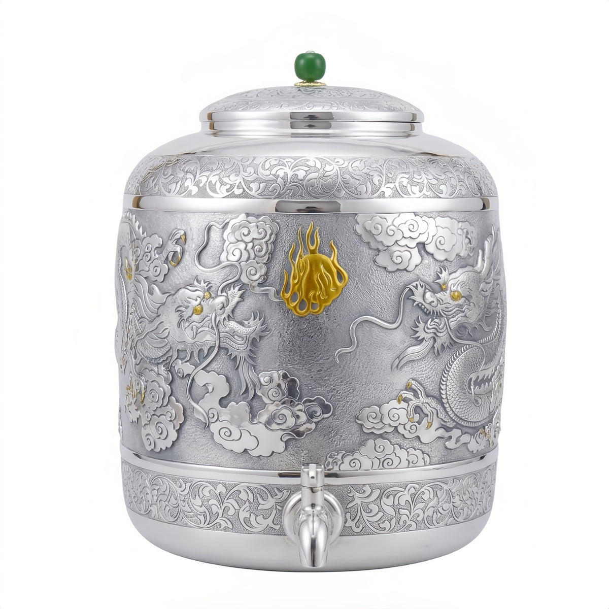 Pure 999 Fine Silver Ornate Silver Dragon Embossed Water Dispenser with Jade Accented Lid - Handicraft