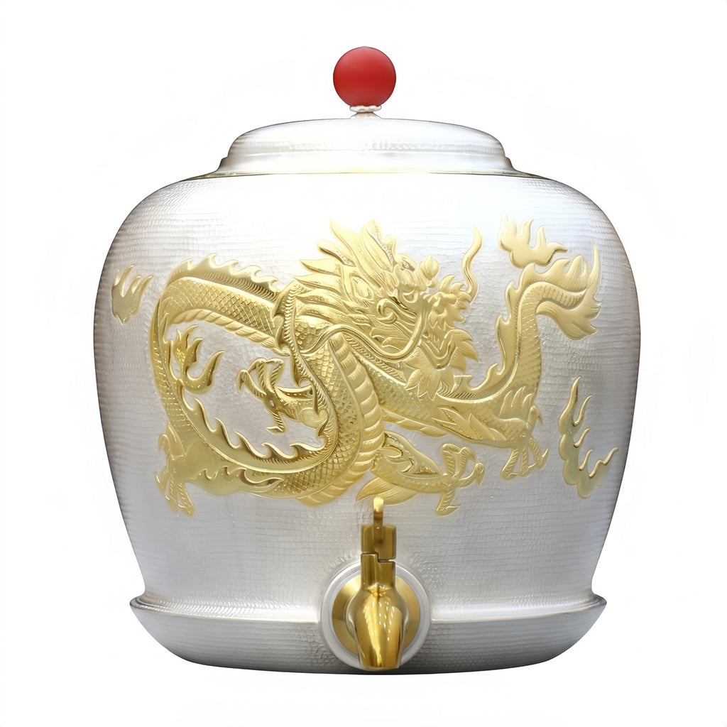 925 Sterling Silver Elegant Silver-Toned Beverage Urn Featuring Intricate Gilded Dragon Relief and Vibrant Red Finial - Handicraft