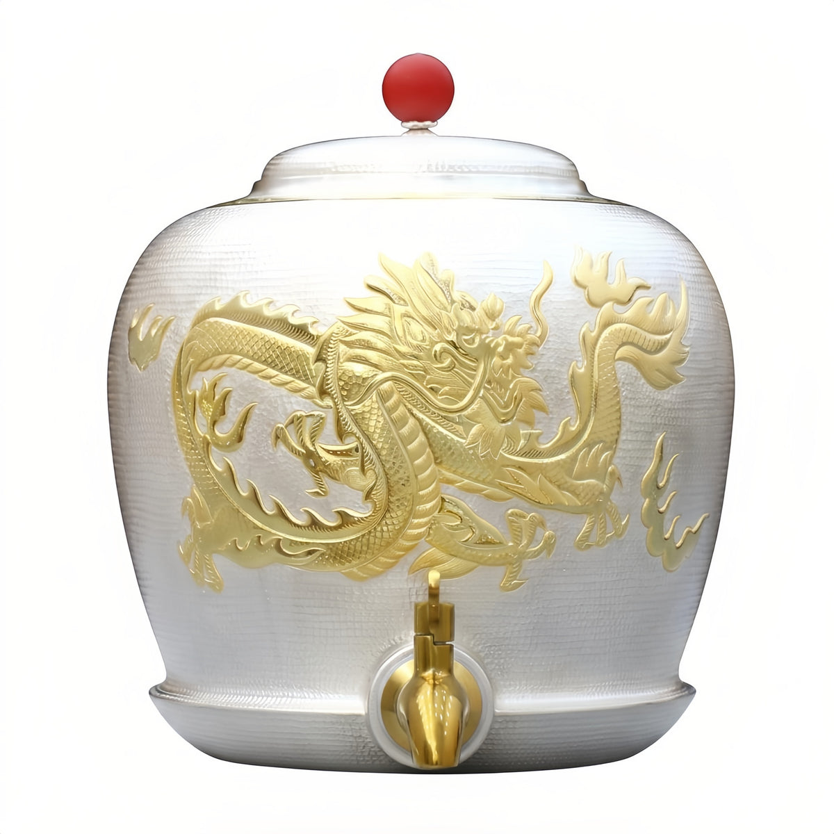 925 Sterling Silver Elegant Silver-Toned Beverage Urn Featuring Intricate Gilded Dragon Relief and Vibrant Red Finial - Handicraft