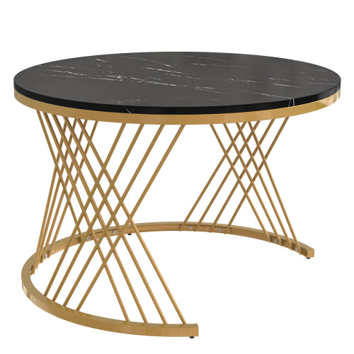 2 In 1 Round Coffee Table Made Of MDF With Marble Grain Veneer Top, Rattan Drawers And Solid Wood Handles. Gold Coloured Iron Legs. 70x70x45.5  50x50x38.5cm