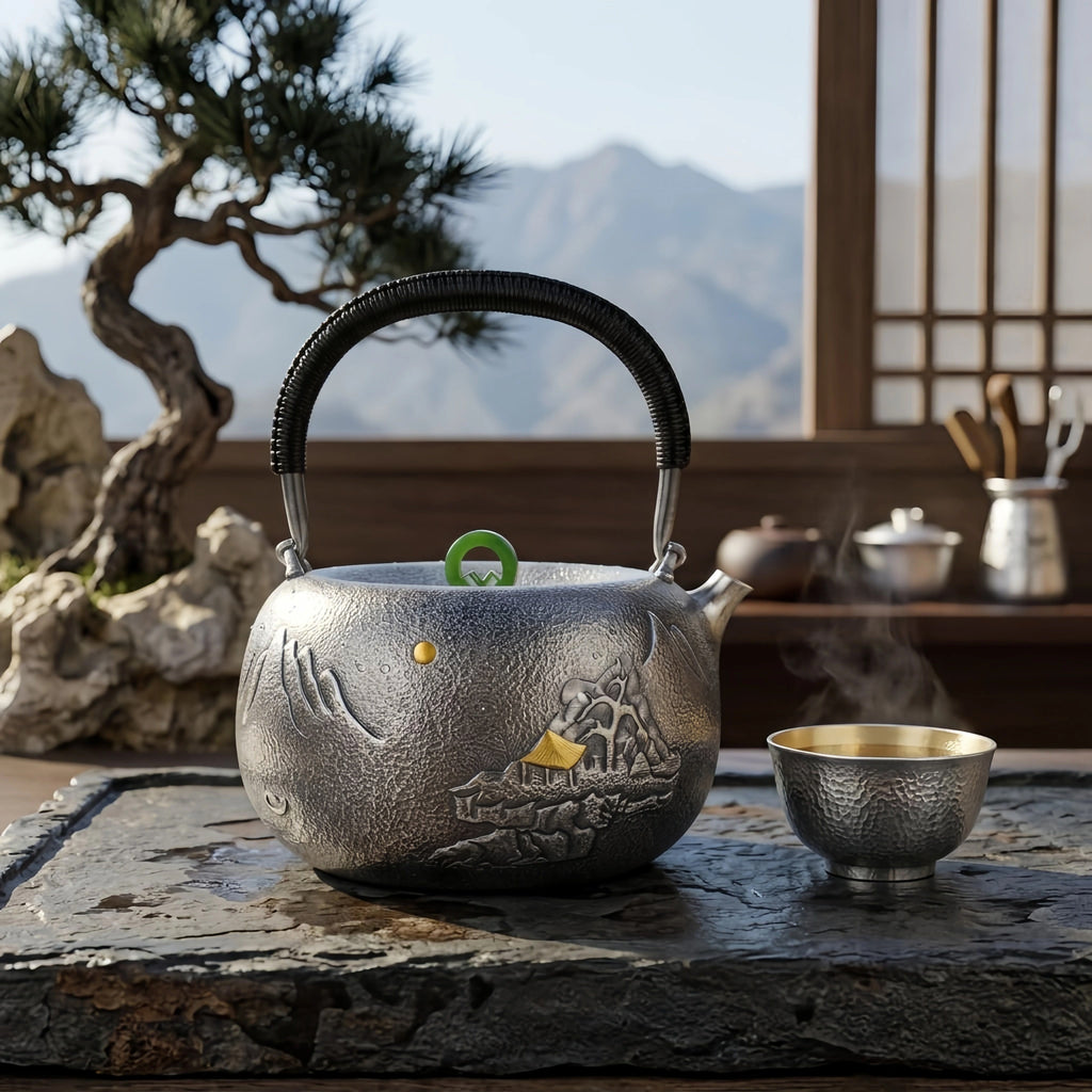Pure 999 Fine Silver Artisan Silver Teapot with Traditional Landscape Engravings and Green Jade Ring Knob - Handicraft
