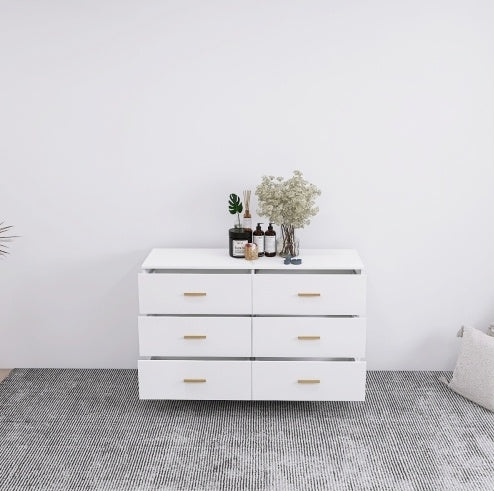 High Glossy Surface 6 Drawers Chest Of Drawer With Golden Handle And Golden Steel Legs White Color Vanity
