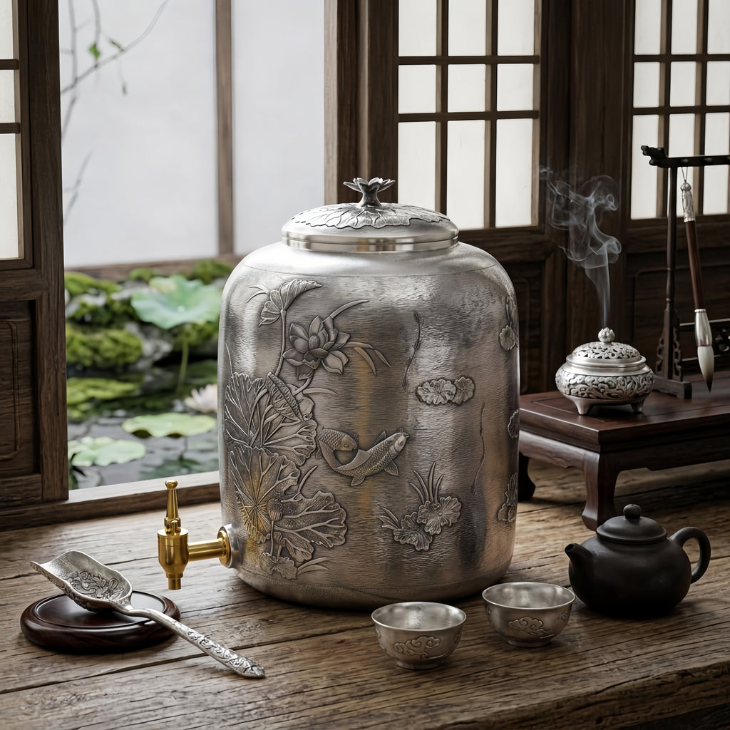 925 Sterling Silver Elegant Hand-Carved Silver Beverage Dispenser with Lotus and Koi Pond Motifs - Handicraft