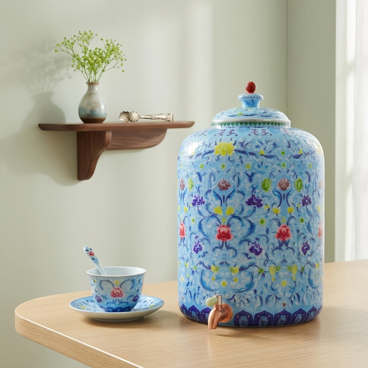 Pure 999 Fine Silver Ornate Blue Floral Ceramic Water Dispenser with Matching Lid and Copper Tap Spigot - Handicraft