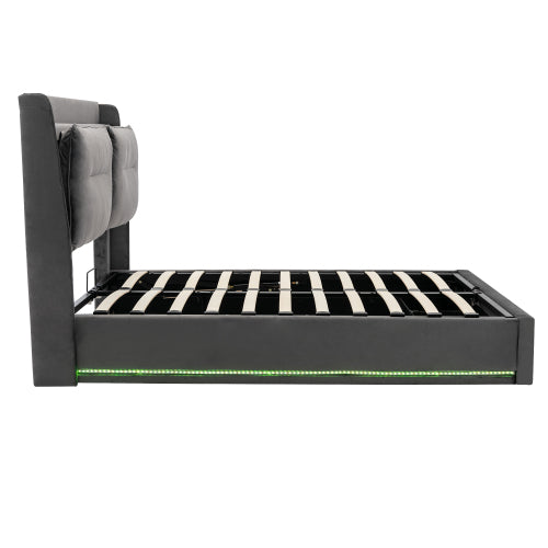 Upholstered Bed, 135x190  4ft6, Double Bed, Hydraulic Bed, 2-in-1 Storage Drawers At The End Of The Bed, Recessed LED Light Strips On Both Sides Of The Bed, Slatted Frame, Velvet,Dark Gray