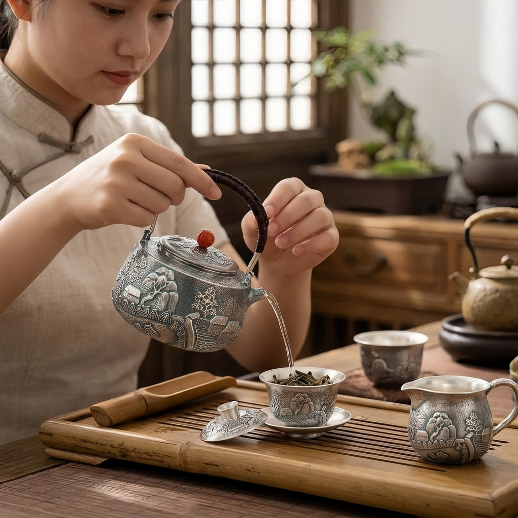 Pure 999 Fine Silver Japanese  Teapot with Engraved Landscape Artistry-Fine large teapot - Handicraft