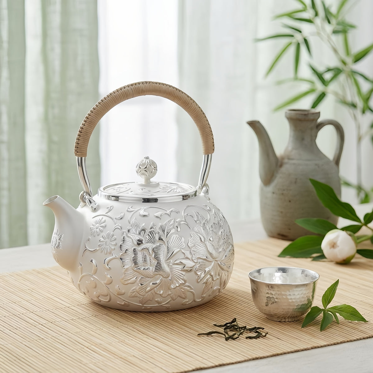 Pure 999 Fine Silver Exquisite Handcrafted Silver Teapot with Intricate Peony Engravings and Woven Rattan Handle - Handicraft