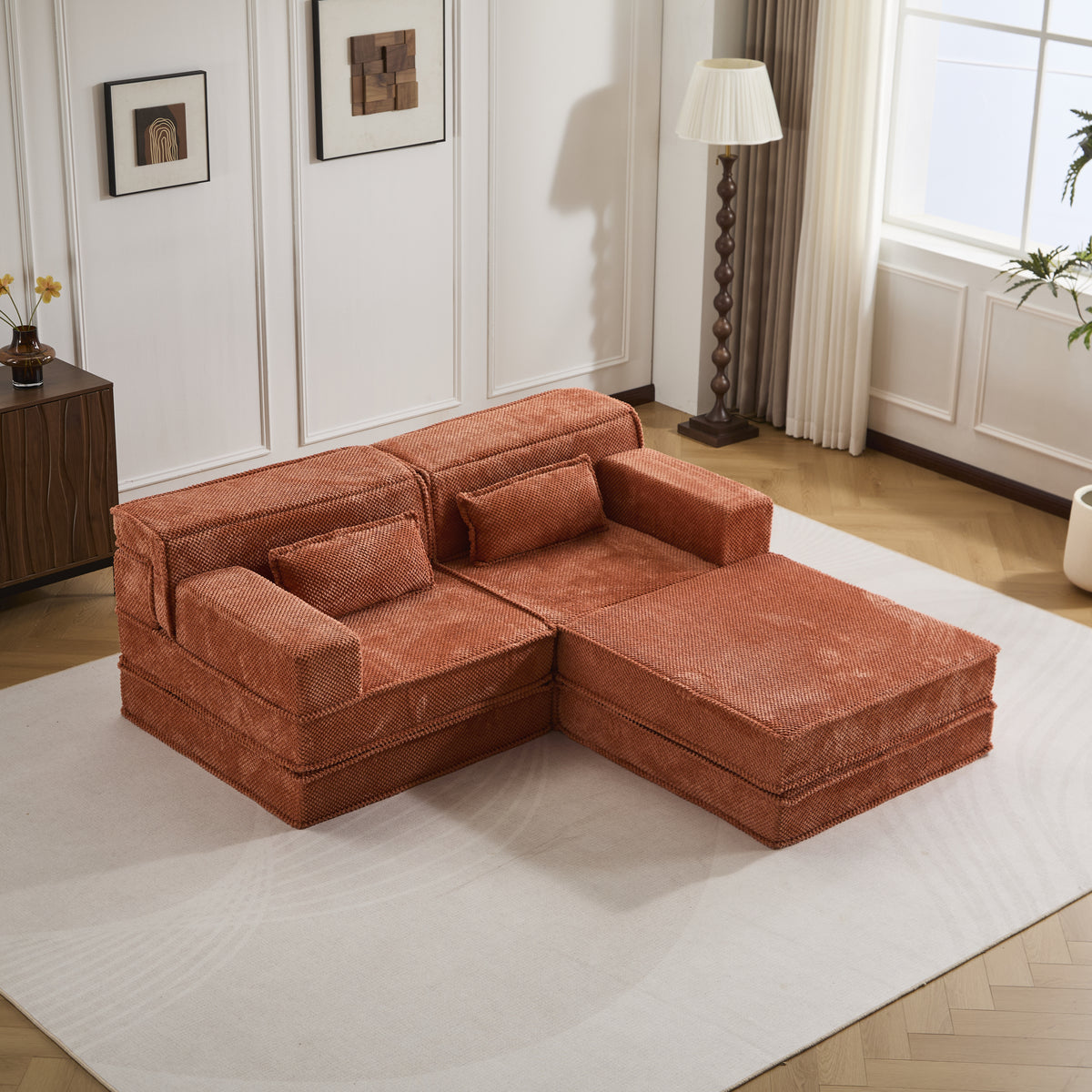 Compression Mahjong Sofa,Convertible Floor Sofa Bed,DIY Boneless Modular Sectional Sofa,No Assembly Required,Circle Fleece Fabric,Oversized 2 Seater With 1 Ottoman,Orange
