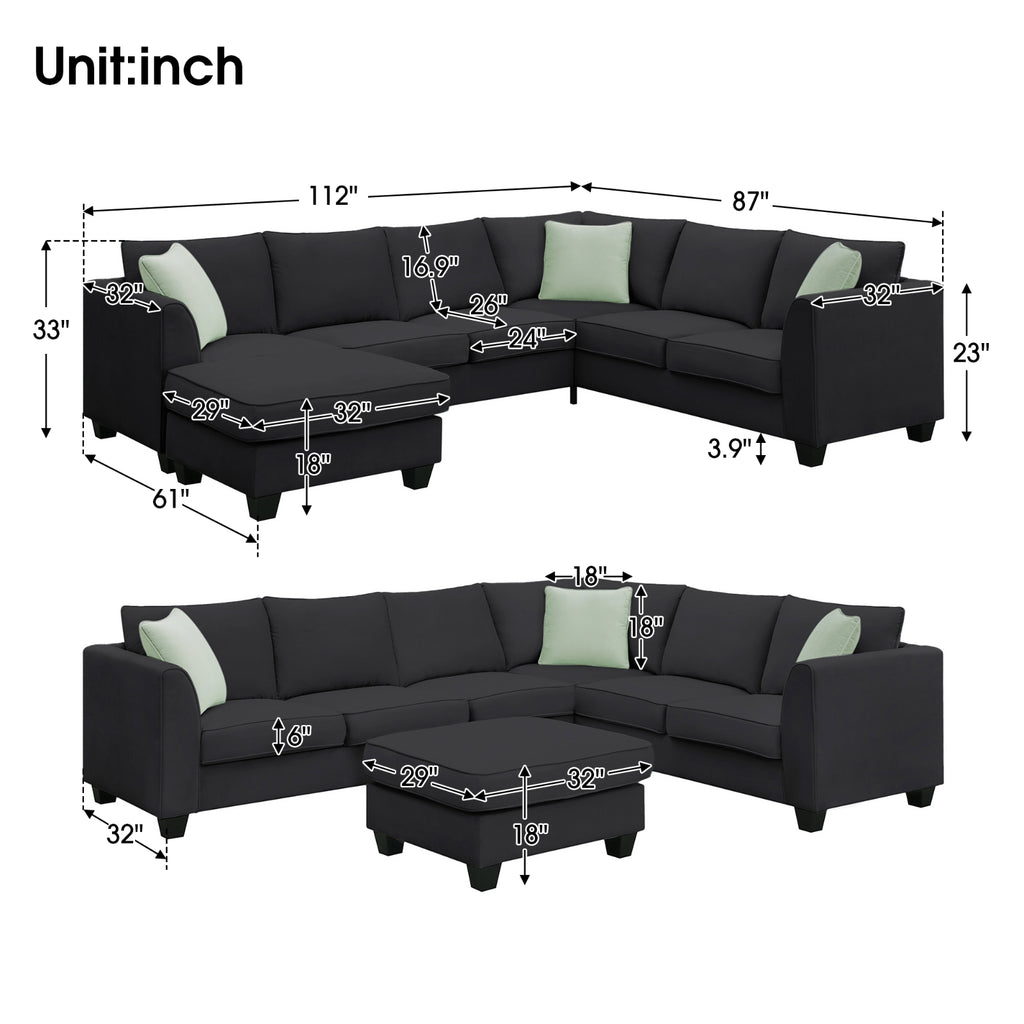 112 87 Sectional Sofa Couches, 7 Seats Modular Living Room Sets