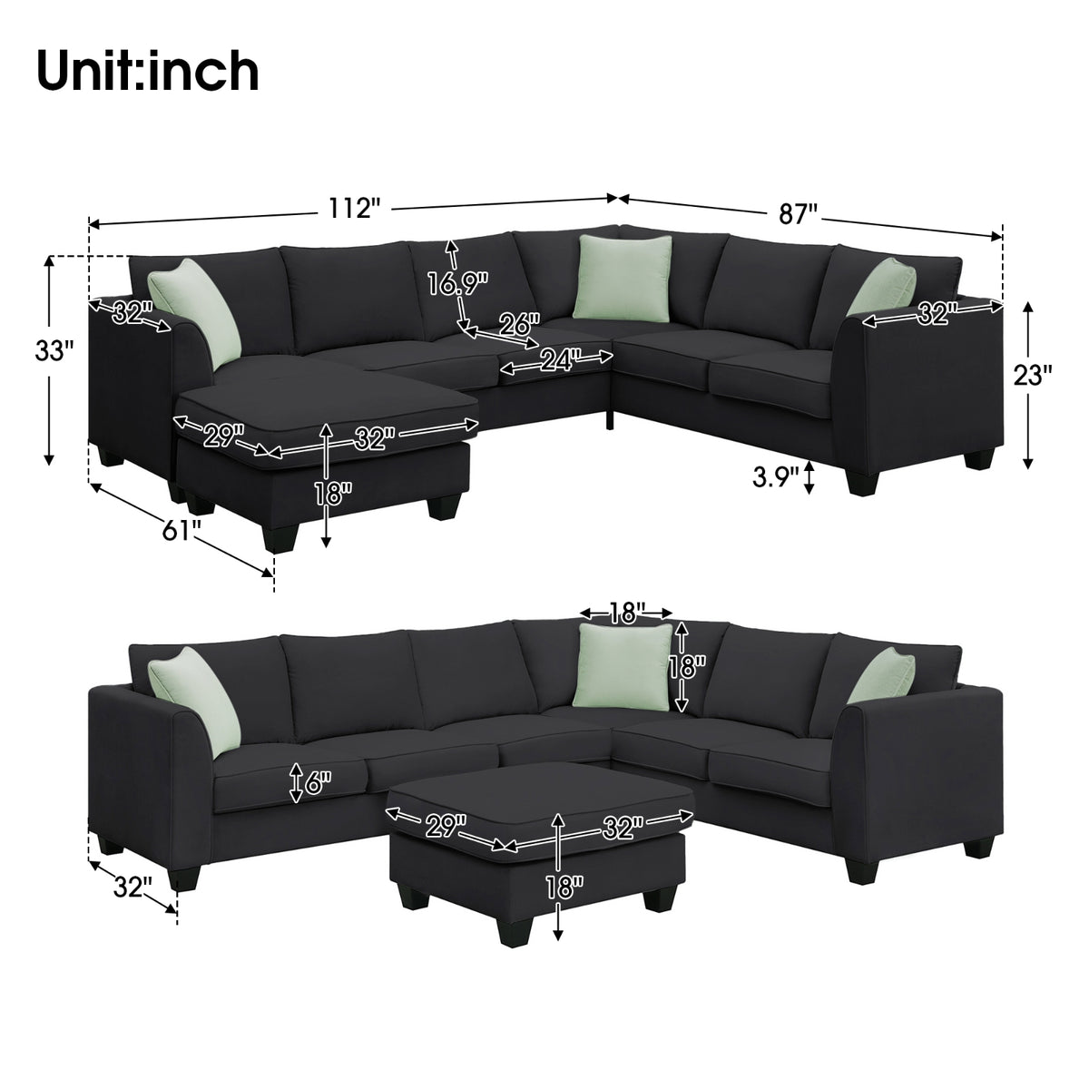 112 87 Sectional Sofa Couches, 7 Seats Modular Living Room Sets