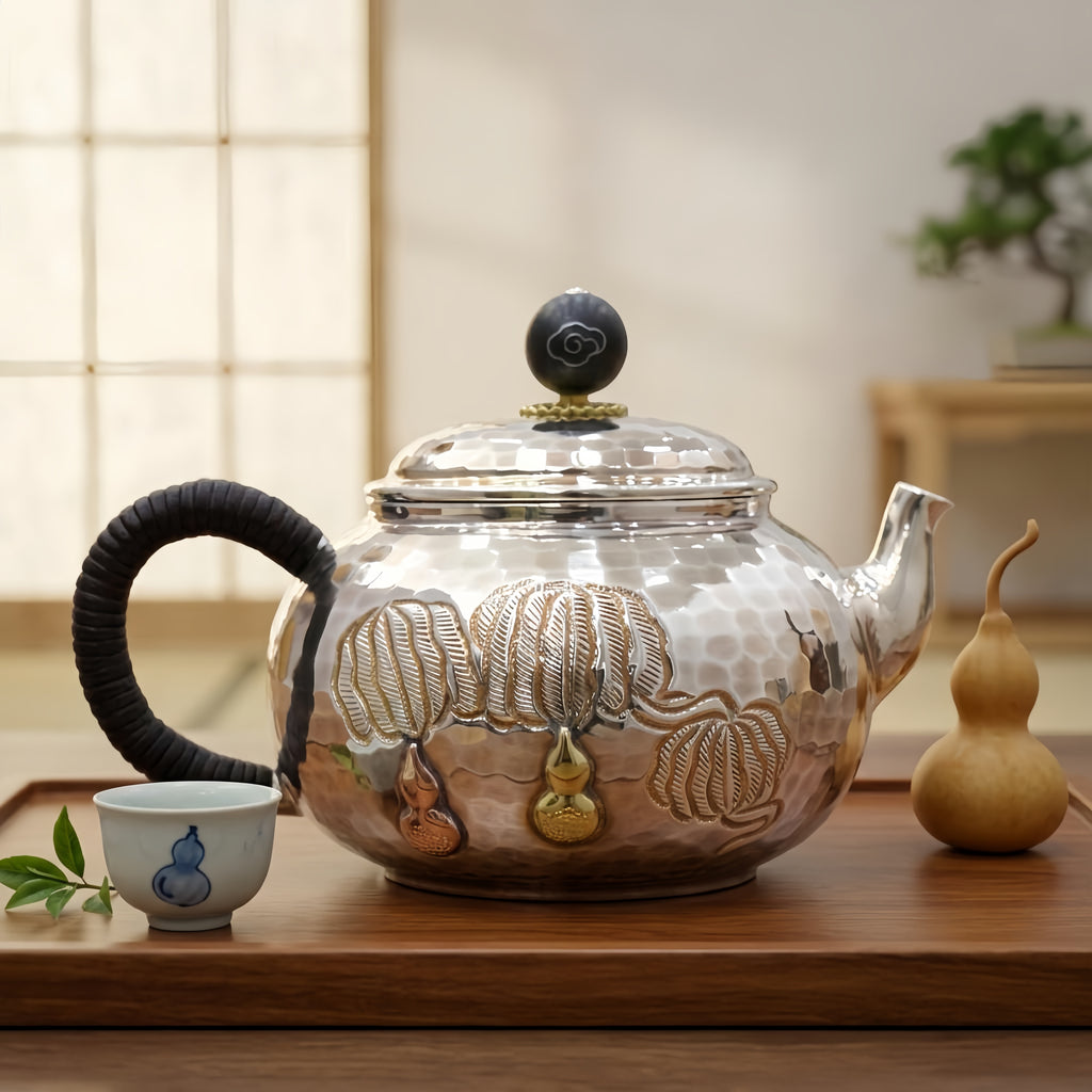 Pure 999 Fine Silver Exquisite Handcrafted Silver Teapot with Hammered Texture and Traditional Gourd Accents - Handicraft