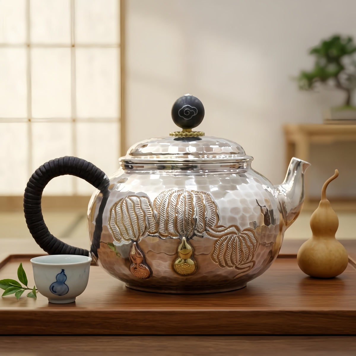 Pure 999 Fine Silver Exquisite Handcrafted Silver Teapot with Hammered Texture and Traditional Gourd Accents - Handicraft