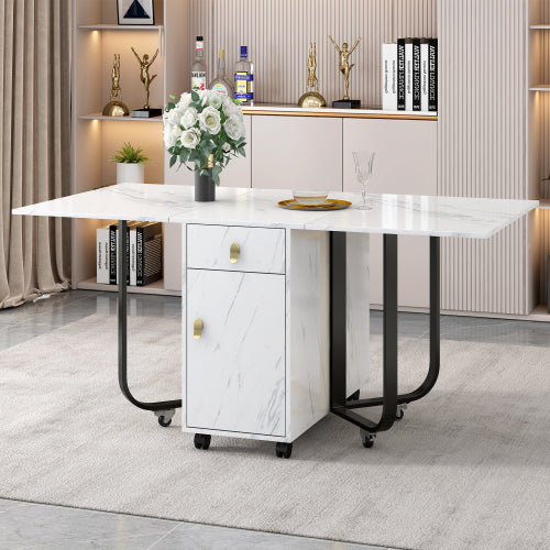 Folding Dining Table 1 Piece With Cupboard And 2 Drawers, Folding Kitchen Utility Table, Space-saving Dining Table With 4 Supporting Legs On Gliders White  Black