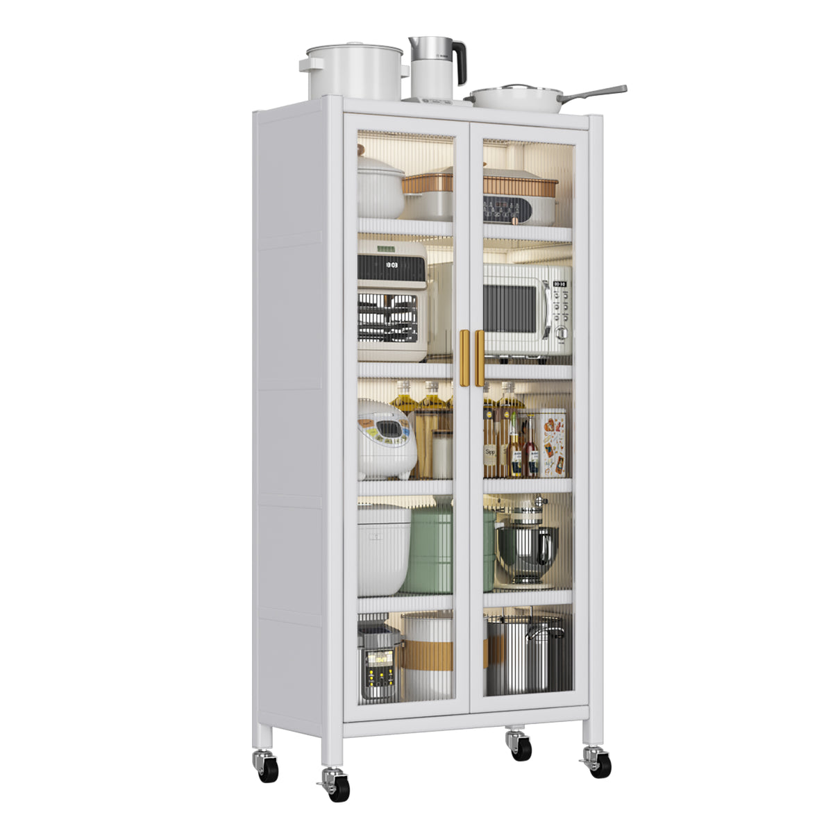 Open-door Kitchen Shelving Floor-to-ceiling Multilevel Household Microwave Storage Cabinet Bowls Side Cabinets Cabinets Storage Cabinets White Color