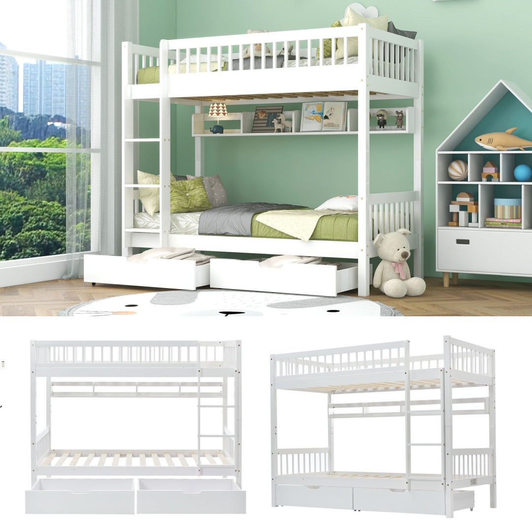 Bunk Bed, Kids Children, 3FT Solid Pine Wood Single Bed Frame & Under Bed Slide Drawer Storage, With Shelf, White 90x190cm
