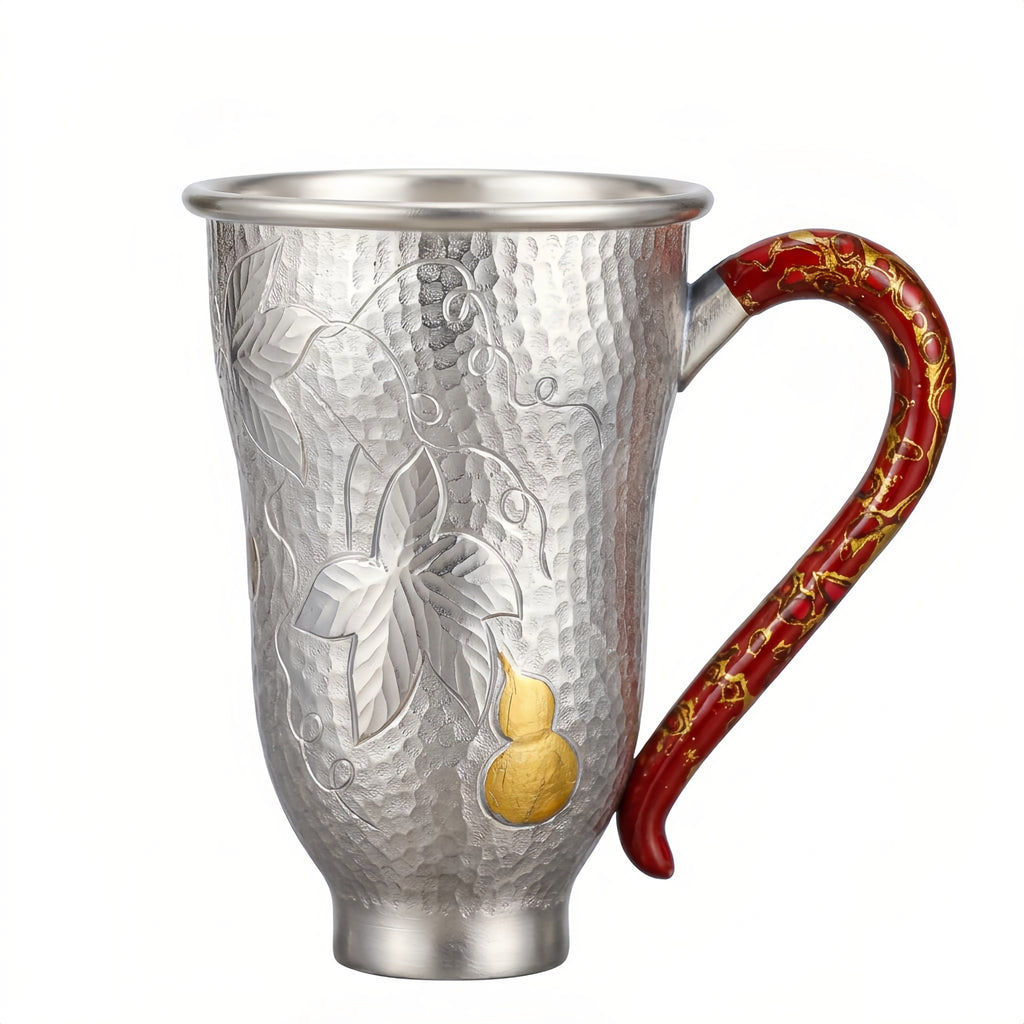 925 Sterling Silver Handcrafted Silver Hammered Cup Featuring Red Lacquered Handle and Gourd Accent - Handicraft