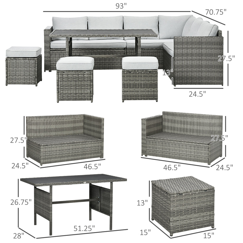 Wicker Outdoor Patio Furniture Set, L-Shaped 7 Piece Outdoor Dining Sectional Sofa with Dining Table and Chair, Storage Loveseat, Ottomans and Cushions, Mixed Gray