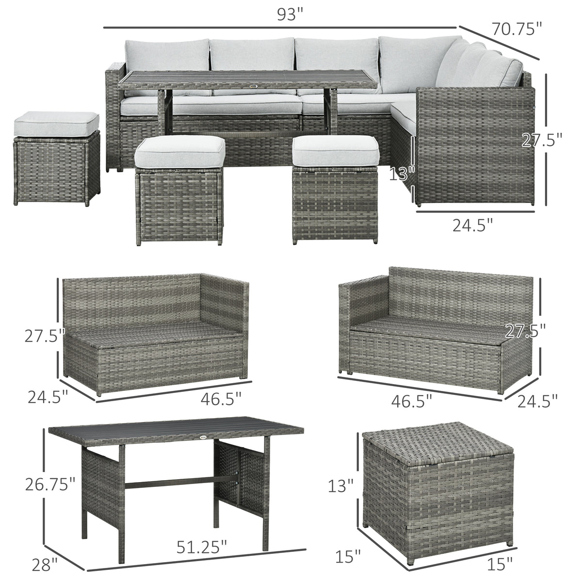 Wicker Outdoor Patio Furniture Set, L-Shaped 7 Piece Outdoor Dining Sectional Sofa with Dining Table and Chair, Storage Loveseat, Ottomans and Cushions, Mixed Gray