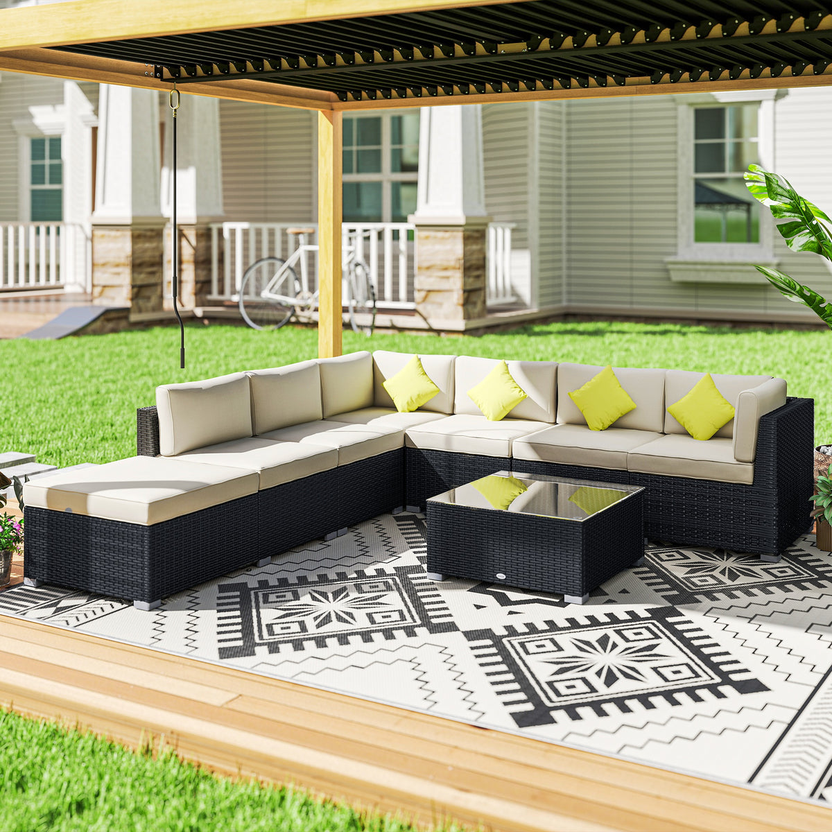8 Piece Rattan Corner Sofa Set With Wide & Deep Seat, Assembled Aluminium PE Rattan Garden Furniture Set With Thick Cushions And Glass Top Table For Outdoor, Conservatory, Black