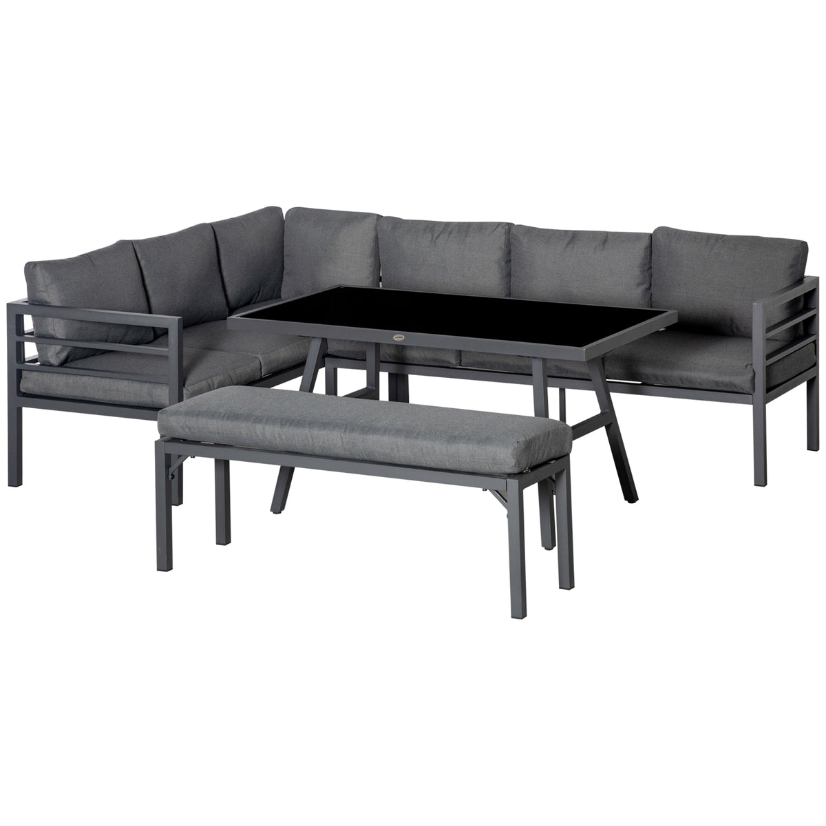 4 Piece L-shaped Garden Furniture Set 8-Seater Aluminium Outdoor Dining Set Conversation Sofa Set W/ Bench, Dining Table & Cushions, Grey