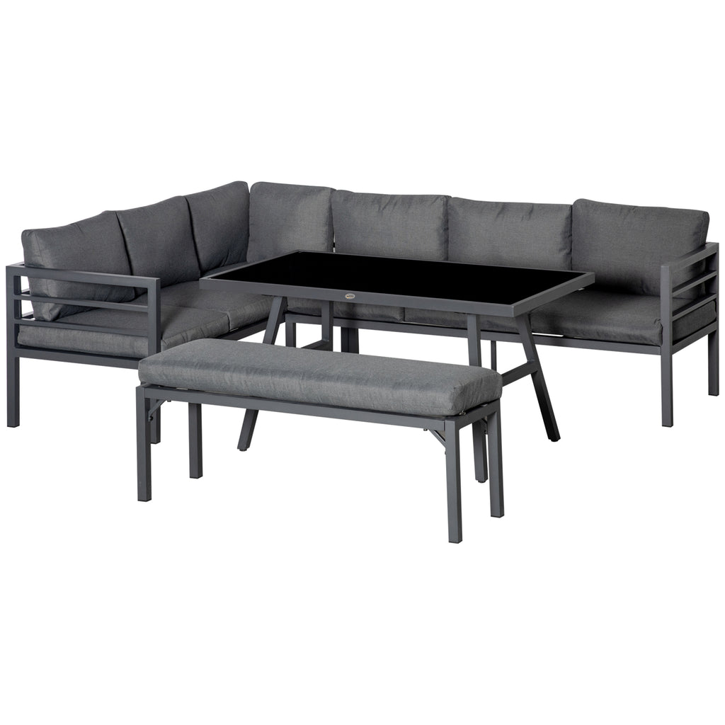 4 Piece L-shaped Garden Furniture Set 8-Seater Aluminium Outdoor Dining Set Conversation Sofa Set W/ Bench, Dining Table & Cushions, Grey