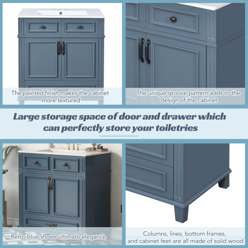 30” Bathroom Vanity with Ceramic Sink | Blue Solid Wood Cabinet