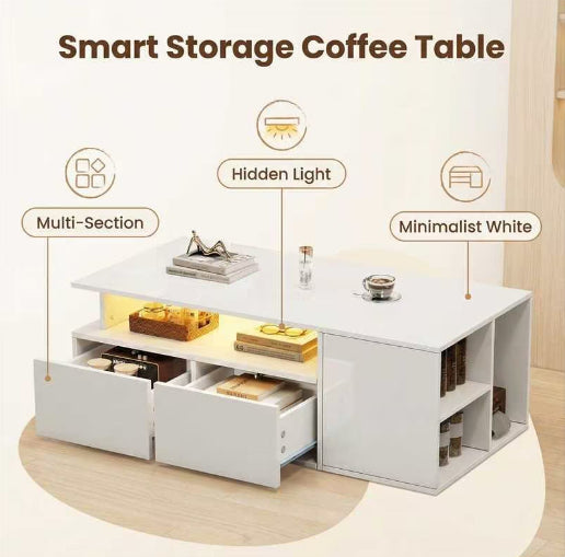 High Gloss Coffee Table With Open Storage, LED Lights, Centre Table With 2 Drawers, Sofa Side Table, Space-saving End Table, Tea Table, 100X50X35cm, White, Particleboard