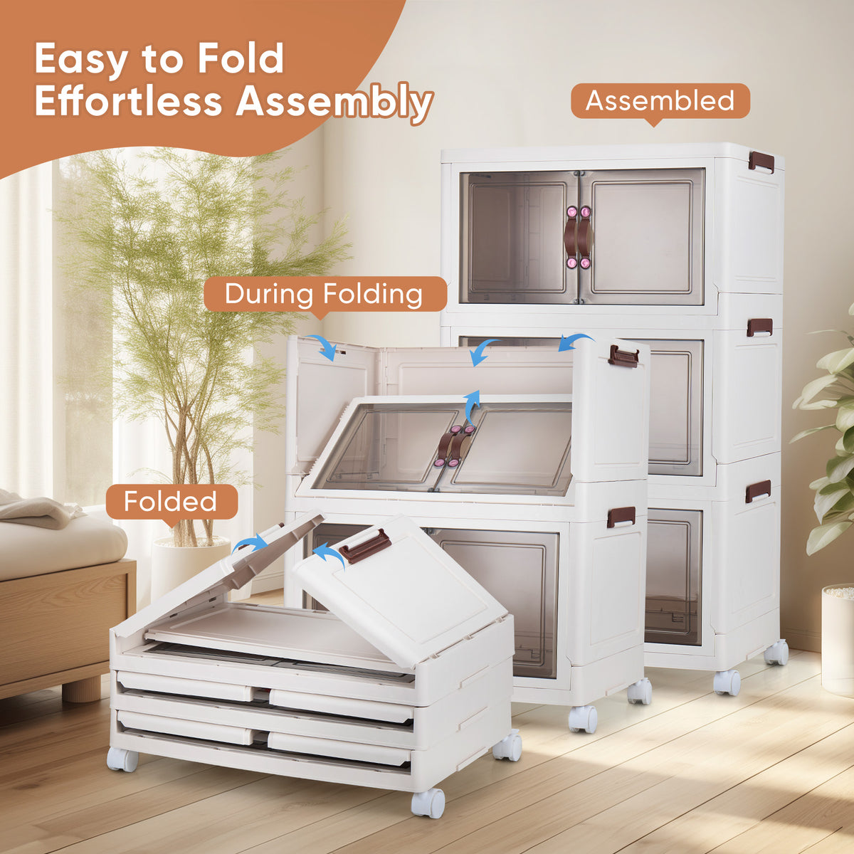 Portable Collapsible Storage Box, Folding Storage Bin - Clear Transparent Design With Lids And Pulley