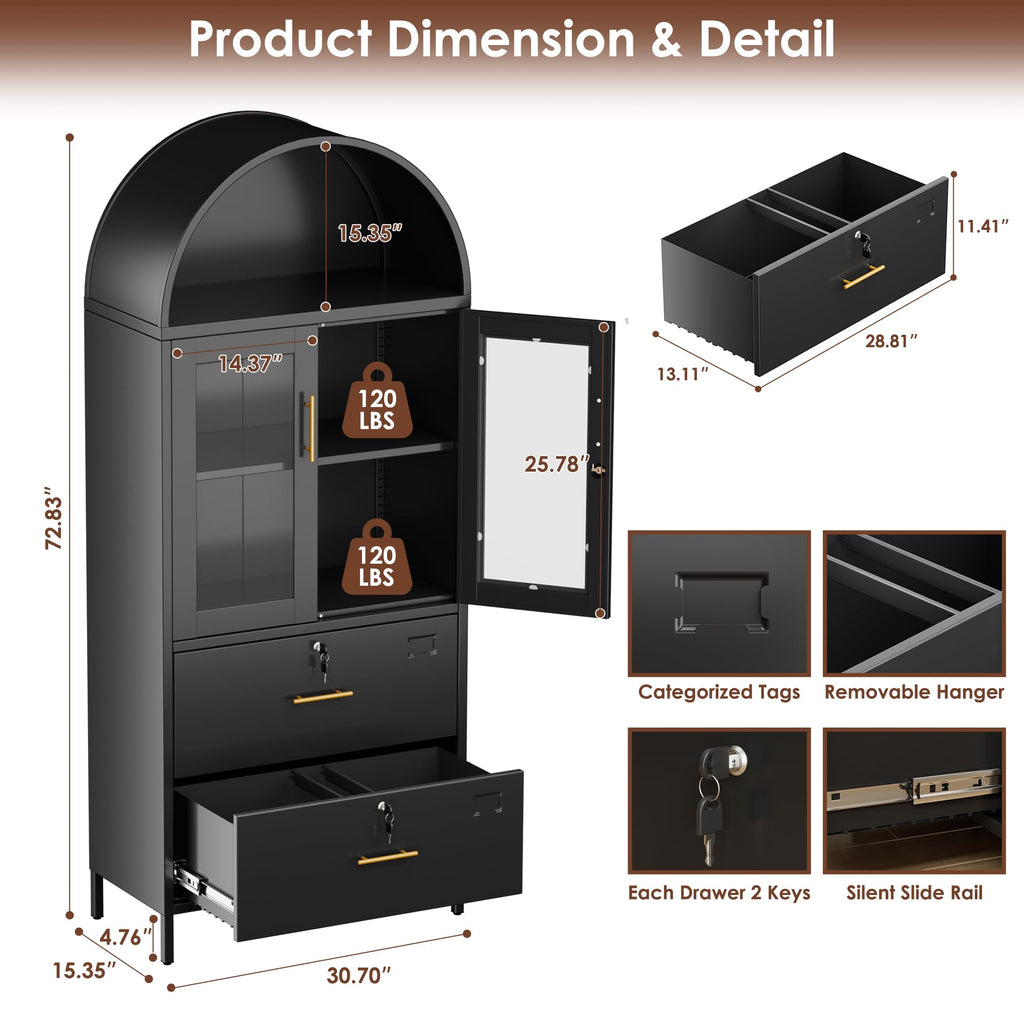 73inch H Metal Arch File Cabinet, Black Arched Bookcase With Locking Glass Doors And Drawers,Filing Cabinet For Home Office,Assemble Required,Black