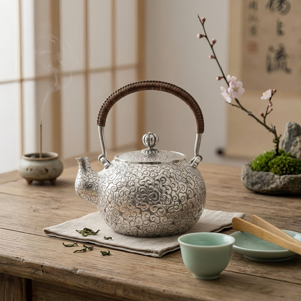 Pure 999 Fine Silver Elegant  Teapot with Intricate Cloud Motif and Ornate Woven Handle-Fine large teapot - Handicraft