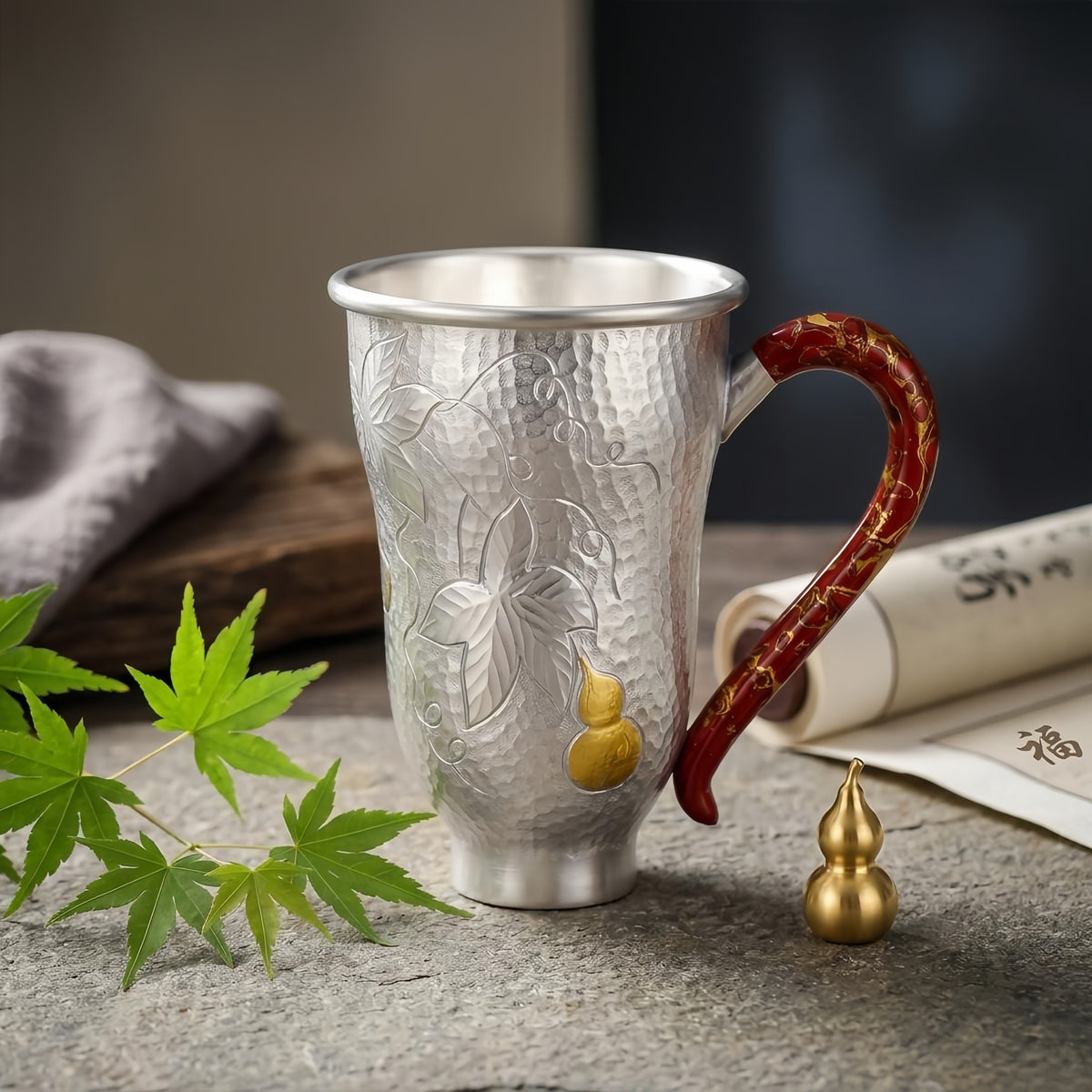 925 Sterling Silver Handcrafted Silver Hammered Cup Featuring Red Lacquered Handle and Gourd Accent - Handicraft
